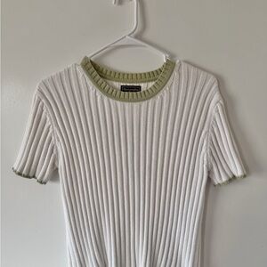 Abercrombie & Fitch White Ribbed Short-Sleeve Top with Green Trim